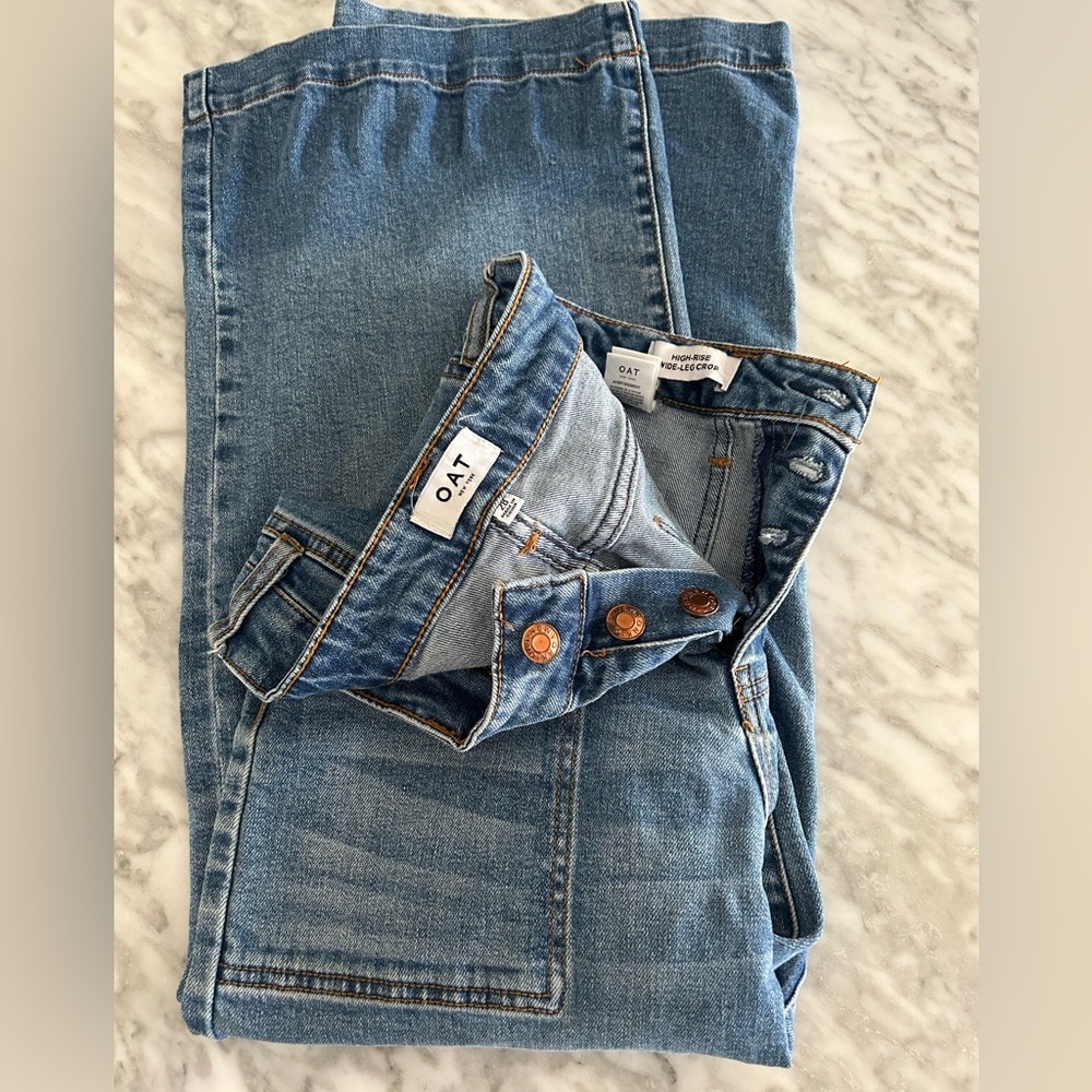High rise cropped wide leg jeans button fly stretch Sz 28 Capri crop beach ankle